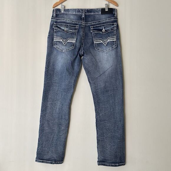 True Luck Jeans Men 34x32 Dark Blue Bootcut Flap Pocket Thick Stitch Western Y2K - Picture 1 of 13